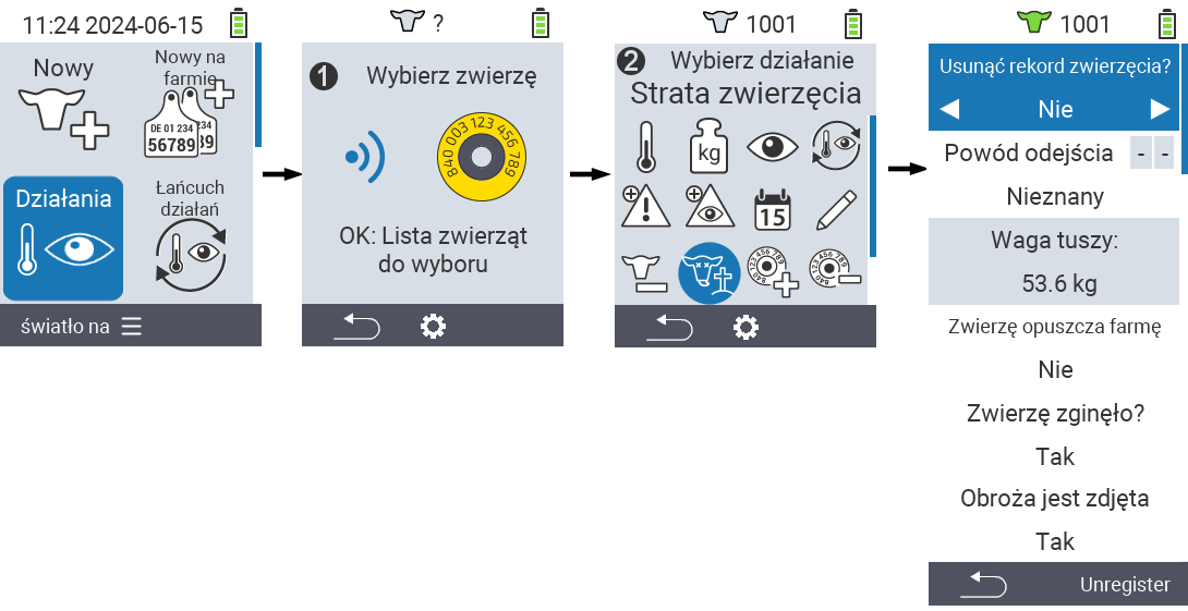 VitalControl: Menu Akcja Utrata zwierzęcia