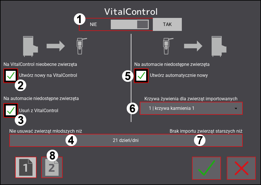 Menu ustawień VitalControl: Strona 1