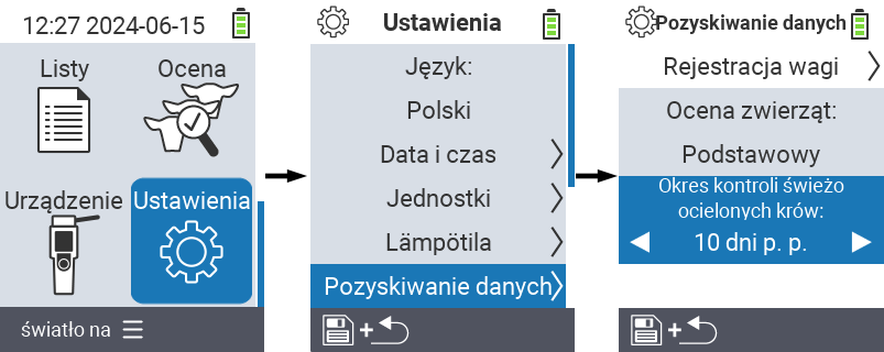 VitalControl: menu ustawień okres kontroli świeżych krów