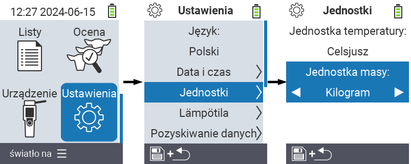VitalControl: menu ustawień jednostki masy