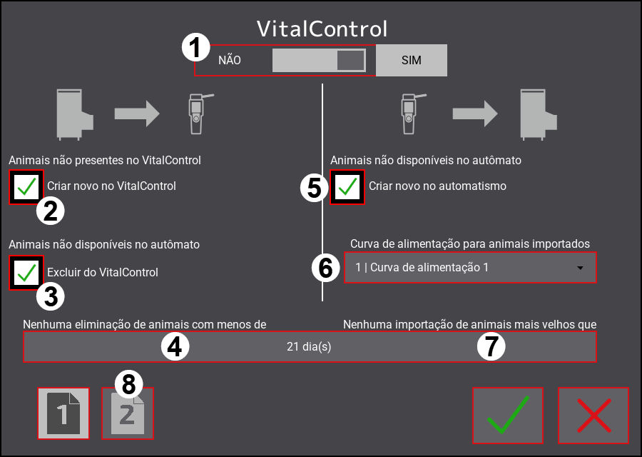 Menu de configurações do VitalControl: Página 1