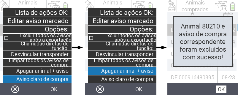 VitalControl: Lista de animais comprados, excluir animal + aviso