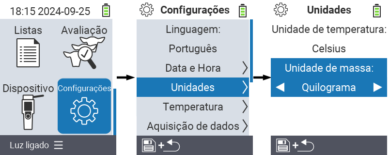 VitalControl: menu de configurações unidade de massa