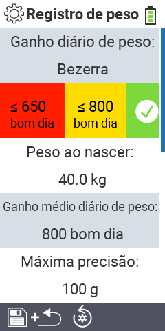 Itens do submenu configurações para registro de peso