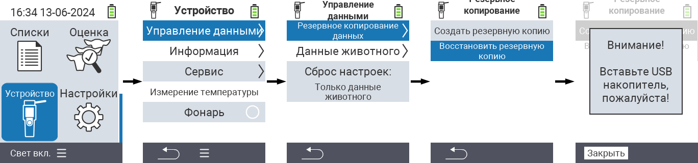 VitalControl: путь меню восстановления данных