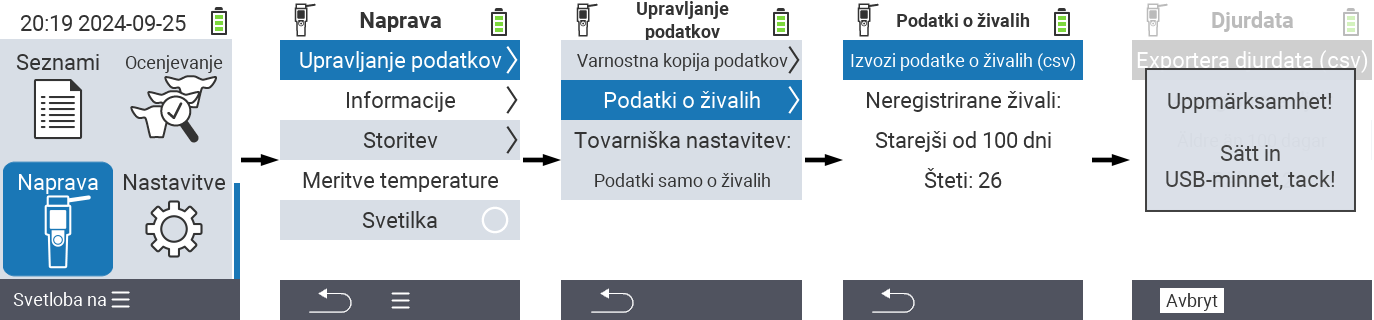 VitalControl: Pot izvoza podatkov v meniju