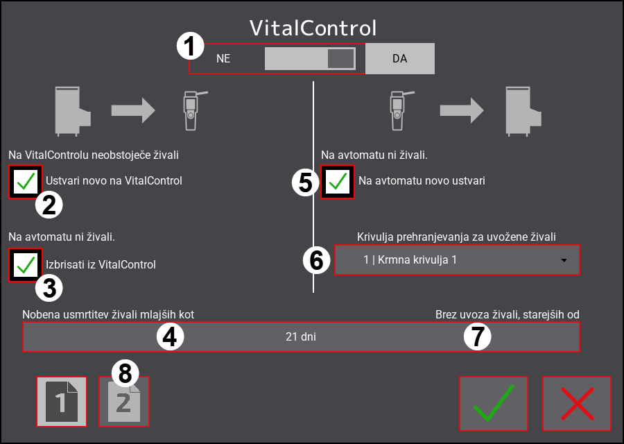 Meni nastavitev VitalControl: Stran 1