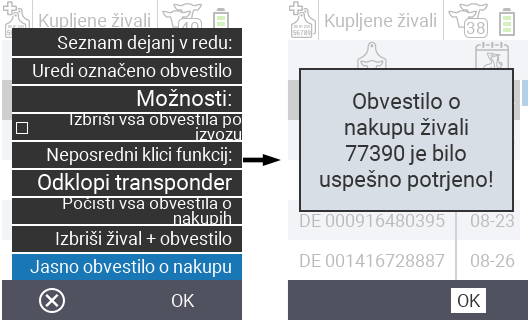 VitalControl: Seznam kupljenih živali, izbris obvestila o nakupu