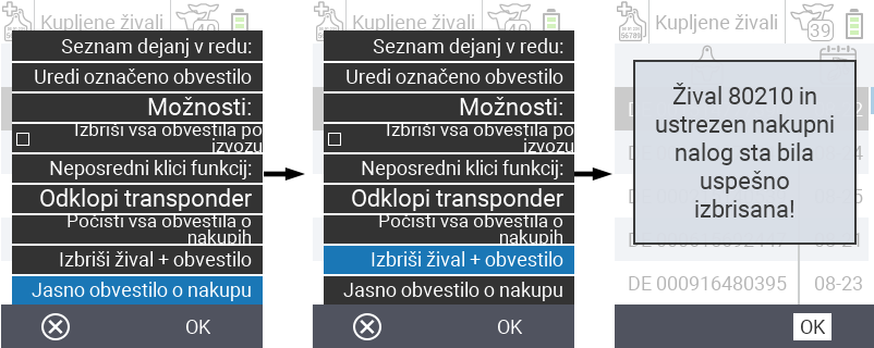 VitalControl: Seznam kupljenih živali, izbris živali + obvestilo
