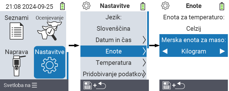 VitalControl: meni nastavitve enote za maso