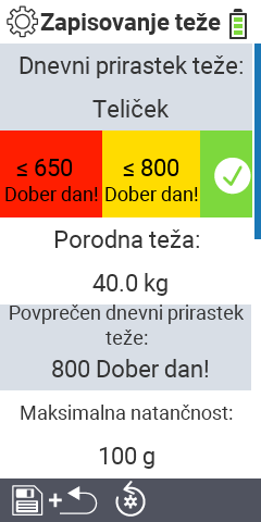 Podmeni elementi nastavitve za beleženje teže