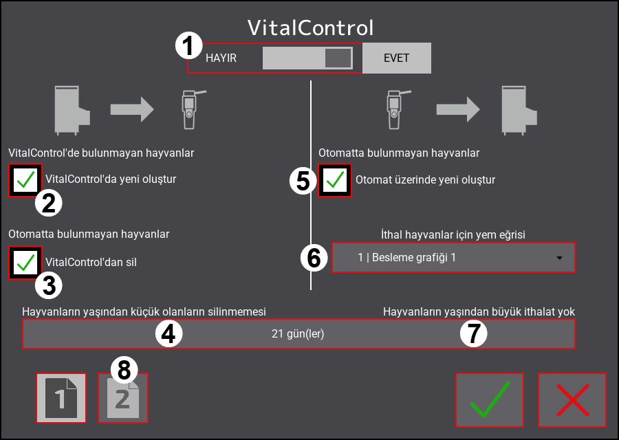 VitalControl ayar menüsü: Sayfa 1