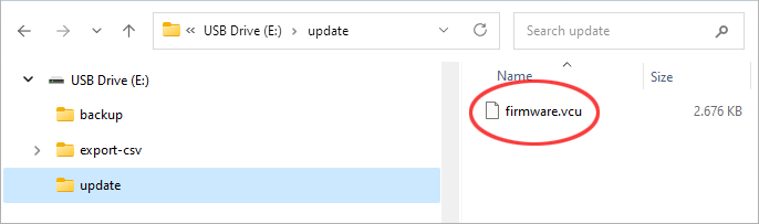 Windows Gezgini: ‘firmware.vcu’ yazılım dosyası ile flash sürücü
