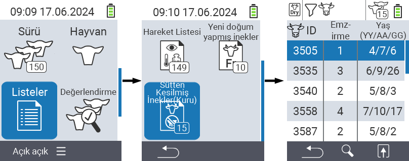 VitalControl Listeler Kuru inekler listesi