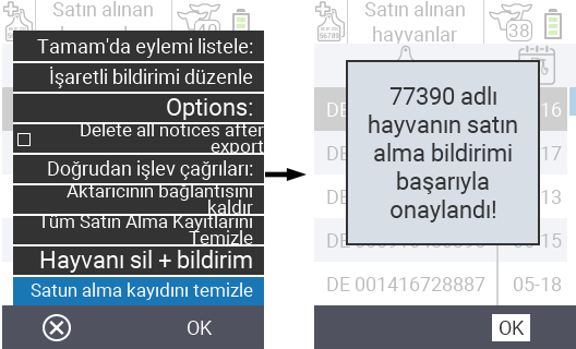 VitalControl: Satın alınan hayvanların listesi, satın alma bildirimini temizle