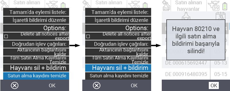 VitalControl: Satın alınan hayvanların listesi, hayvan + bildirimi sil