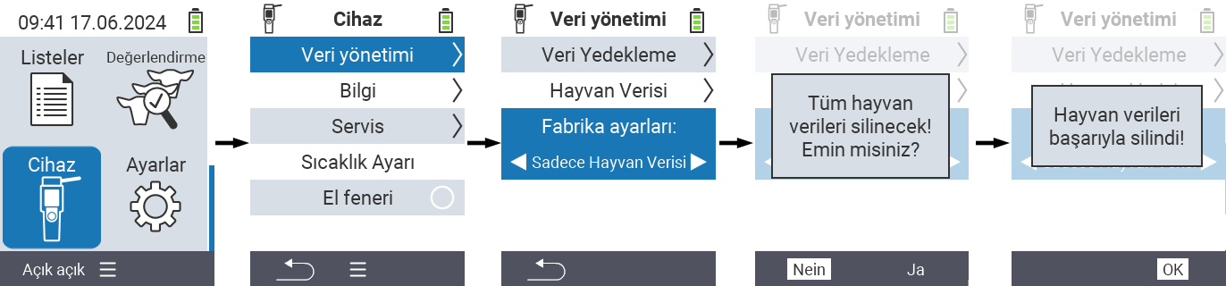 VitalControl: Cihazdan tüm hayvanları silme menü yolu