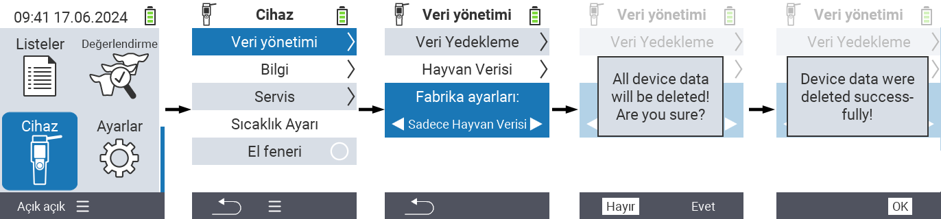 VitalControl: Tüm cihaz verilerinin sıfırlanması menü yolu