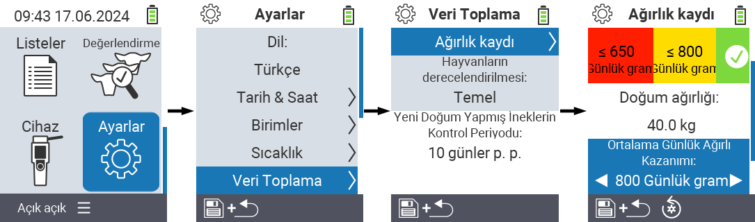 VitalControl: günlük ortalama ağırlık artışı menü ayarları