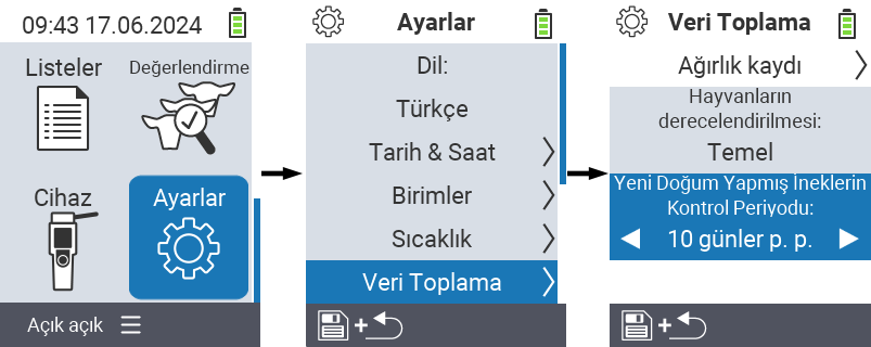 VitalControl: taze ineklerin kontrol süresi menü ayarları
