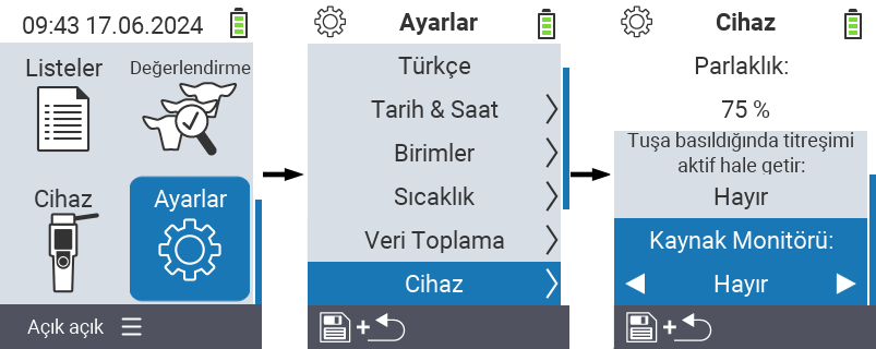 VitalControl: Menü ayarları Kaynak monitörü