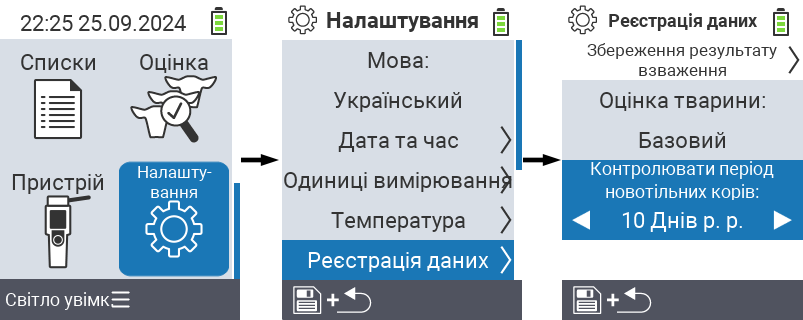VitalControl: налаштування меню контрольний період новотільних корів
